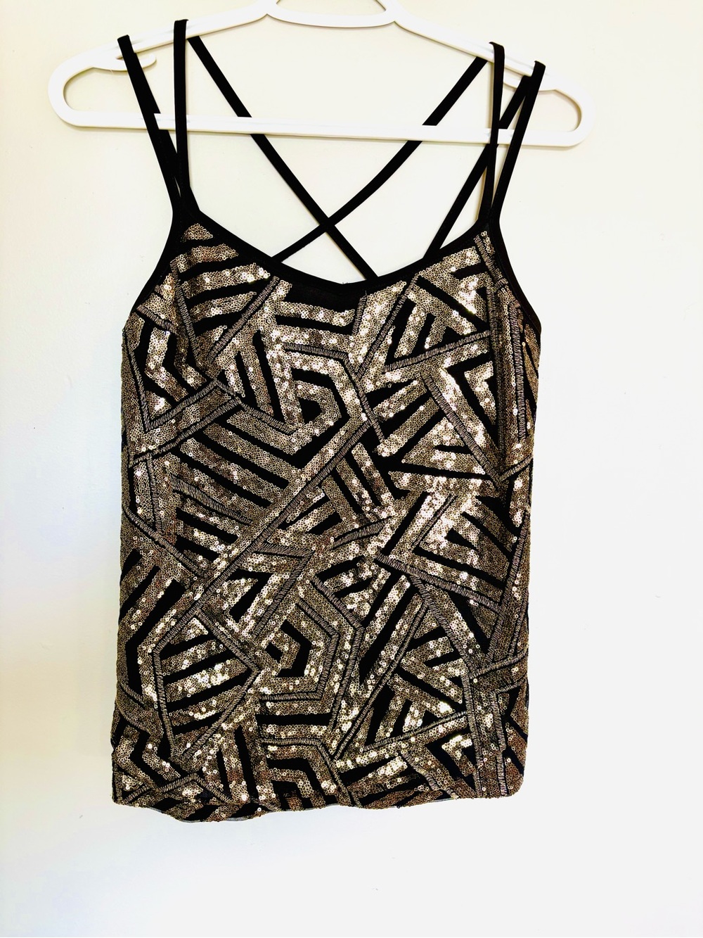 🖤💛Dressy Sequin Geo-Pattern Strappy Cami Tank Top - Black & Gold